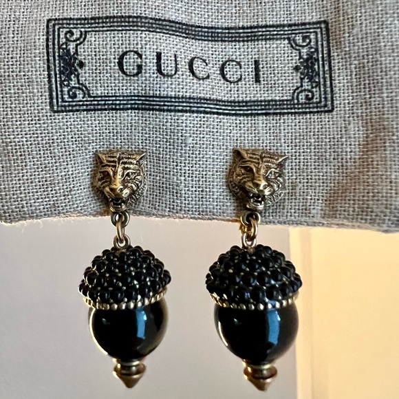 GUCCI Tiger Earrings Gold Plated Rhinestone Black Clip-on - Picture 1 of 4